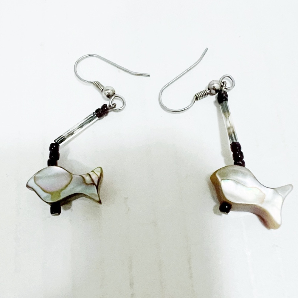 Abalone earrings Zuni Fish carved Silver earrings